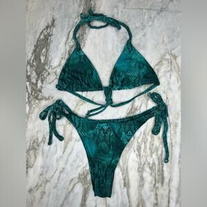 Teal Green Snakeskin Print Braided Strap Cheeky String Bikini Size Small